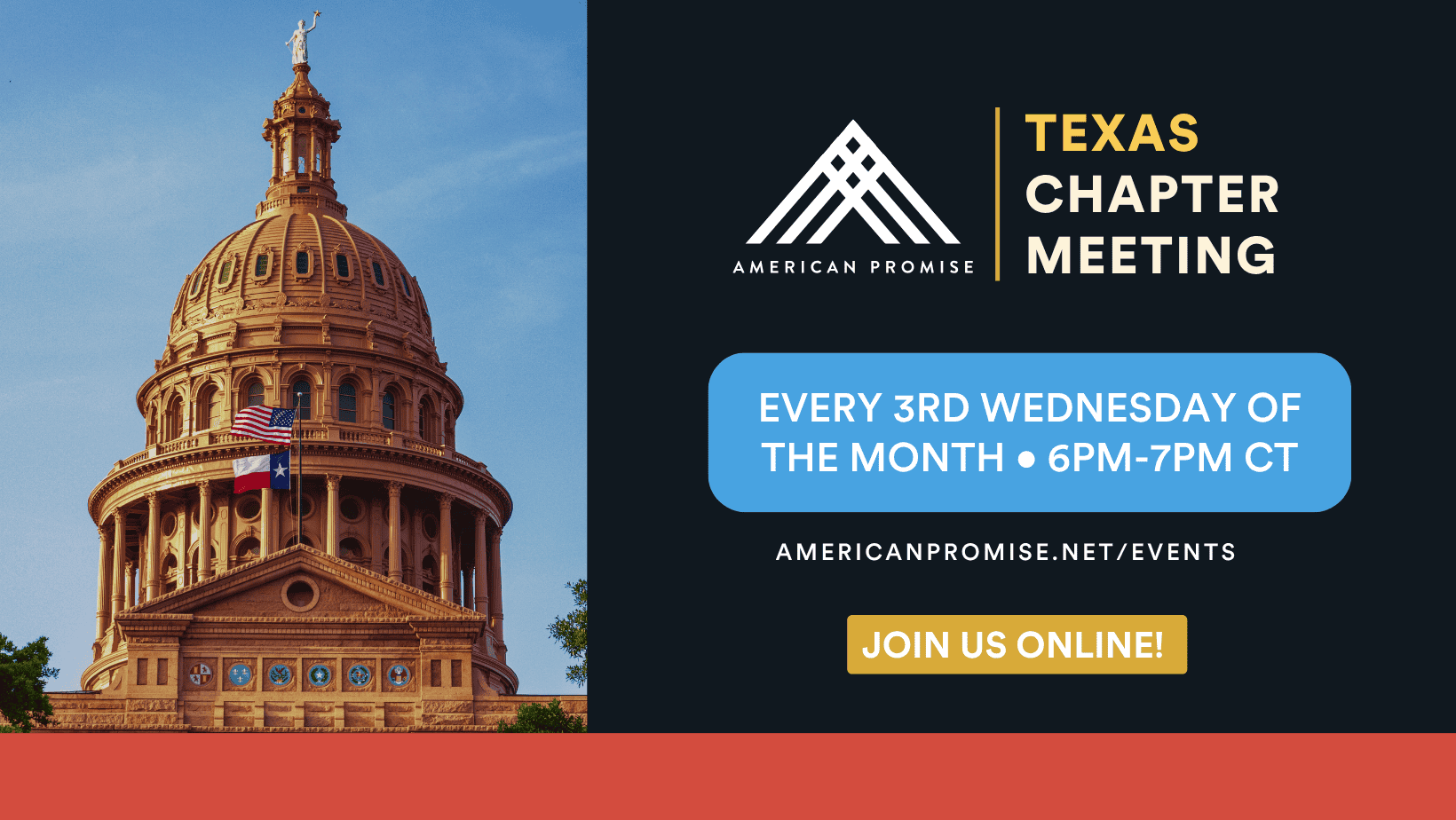 Texas chapter meeting information. Chapter meetings are on every 3rd Wednesday of the Month, 6 pm to 7 pm CT.