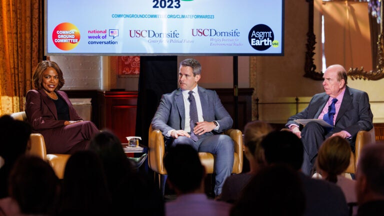 CPF Climate Forward 2023 conference panel conversation with Val Demings (left), Adam Kinzinger (middle), and Bob Shrum (right) at USC Town and Gown.